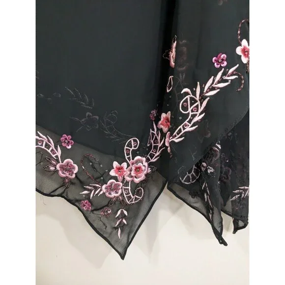 Y2K Floral Embroidered Handkerchief Hem Slip Dress Black Size 12 Bias Cut Fairy - Picture 6 of 9